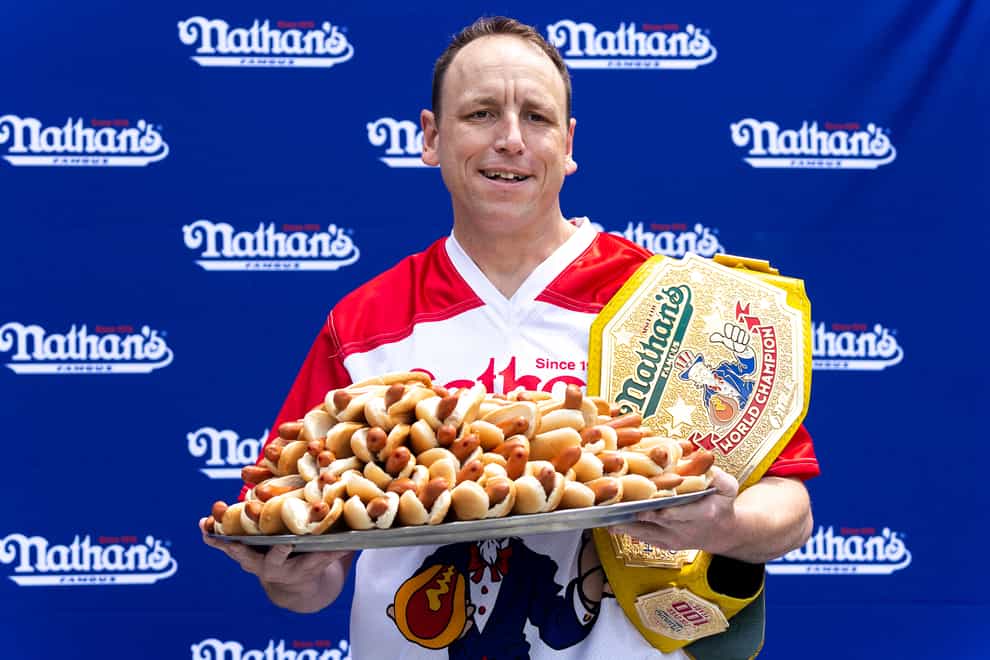Competitive eater Joey Chestnut at a weigh-in before the Nathan’s Famous July Fourth hot dog-eating contest (Julia Nikhinson/AP)