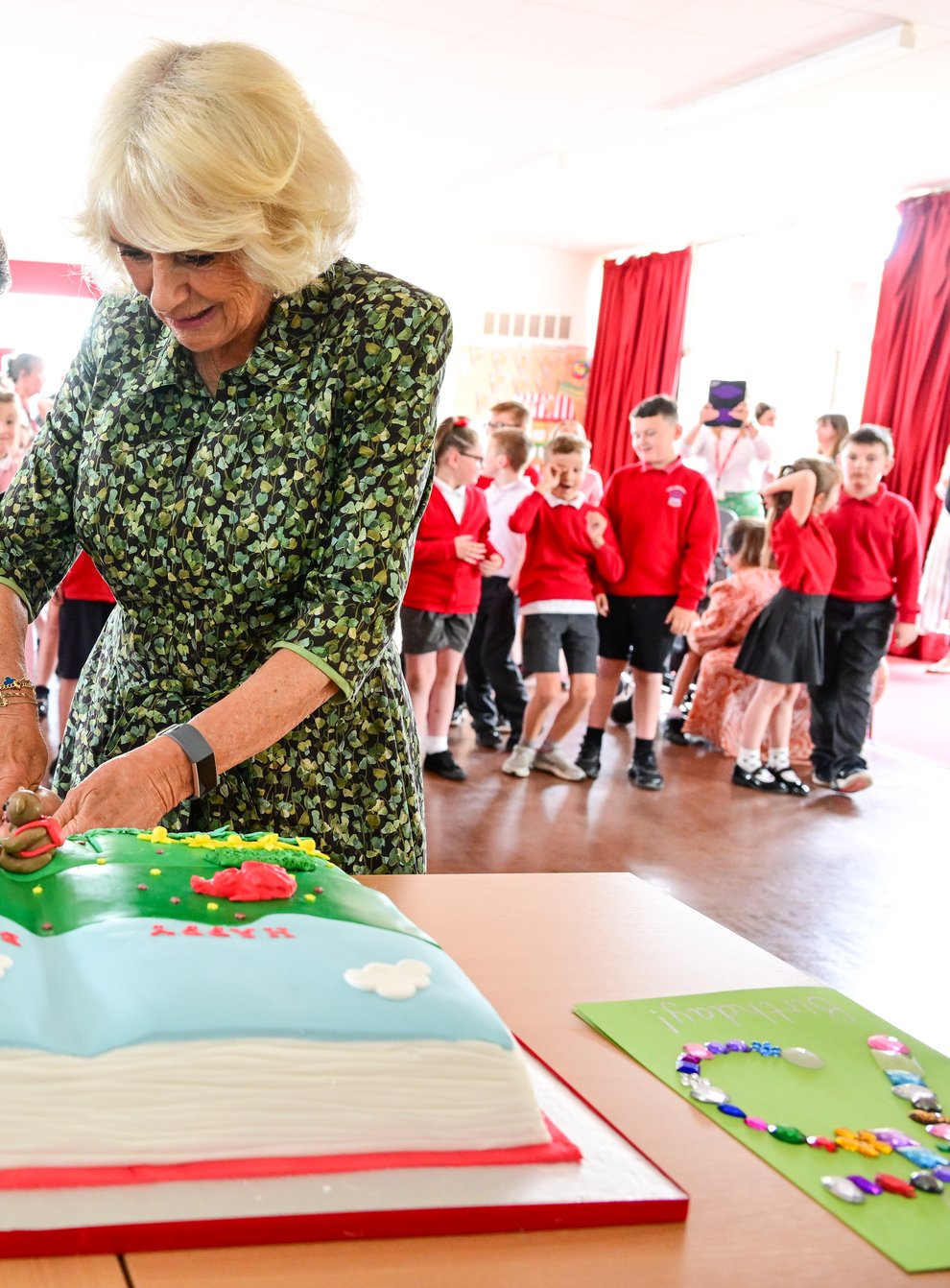The Duchess of Cornwall, patron of the National Literacy Trust, cuts a birthday cake presented to her during her visit to Millbrook Primary School to officially open the new library (Finbarr Webster/PA)