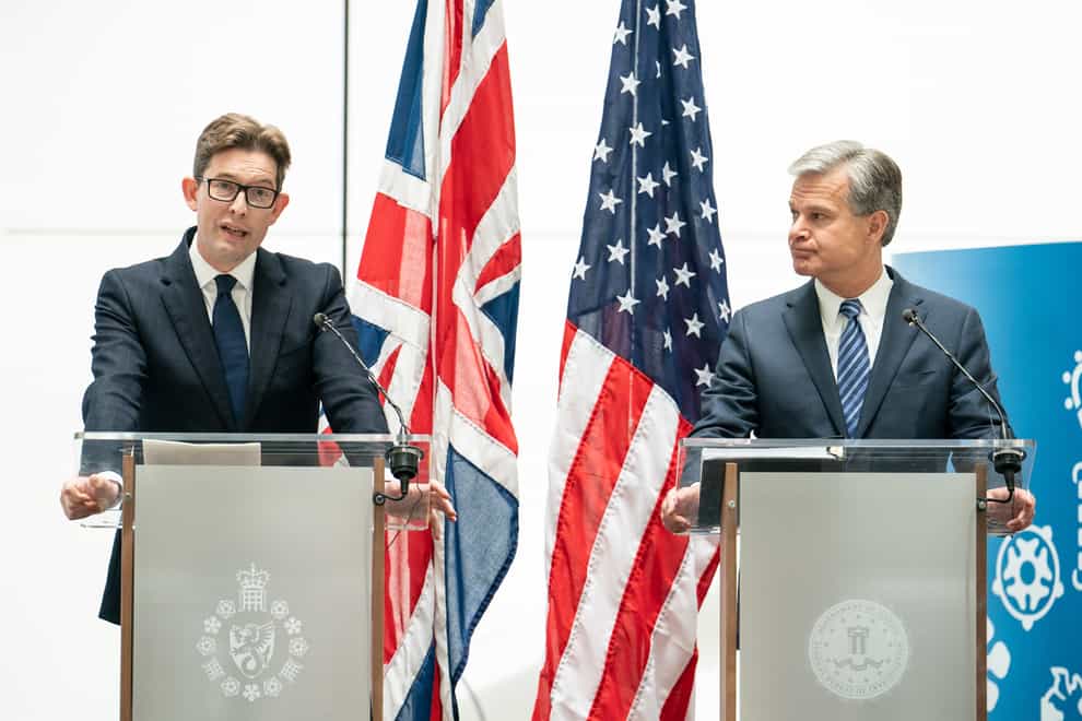 MI5 director general Ken McCallum (left) and FBI director Christopher Wray at a joint press conference at MI5 headquarters, in central London. Picture date: Wednesday July 6, 2022 (Dominic Lipinski/PA)