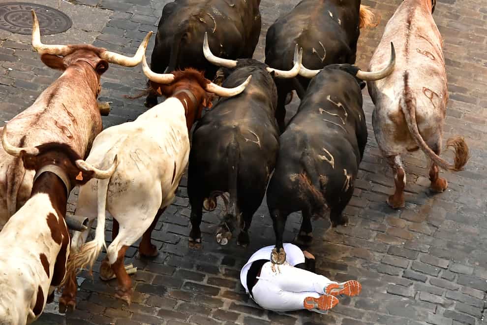 A runner falls as people run through the street with fighting bulls at the San Fermin Festival in Pamplona (AP)