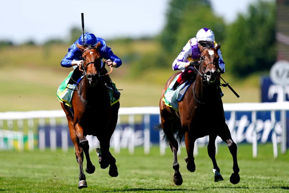 Mawj ridden by jockey Ray Dawson (left) on their way to winning the Duchess Of Cambridge Stakes on Festival Friday of the Moet and Chandon July Festival at Newmarket racecourse, Suffolk. Picture date: Friday July 8, 2022.