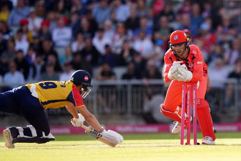 Lancashire wicketkeeper Phil Salt (right) takes the wicket of Essex’s Michael Pepper during their Vitality Blast quarter-final (David Davies/PA).