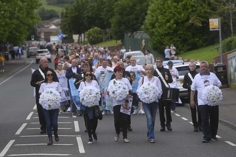 A large crowd attends a march to mark the 50th anniversary of the shooting dead of five people in Springhill, west Belfast. Picture date: Saturday July 9, 2022.