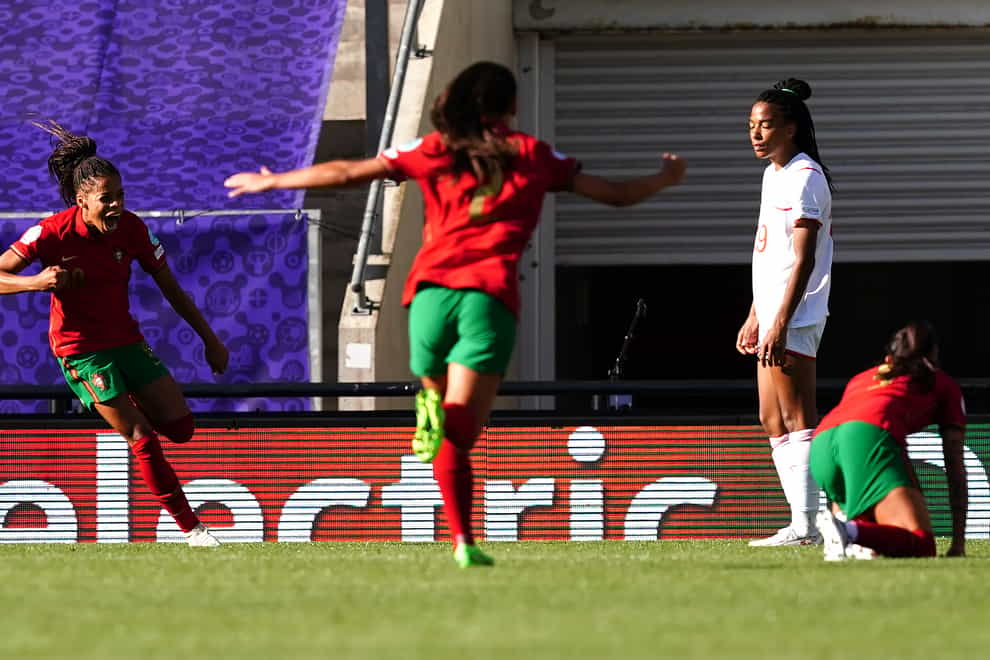 Portugal’s Jessica Silva (left) celebrates scoring their side’s second goal of the game during the UEFA Women’s Euro 2022 Group C match at Leigh Sports Village, Wigan. Picture date: Saturday July 9, 2022.