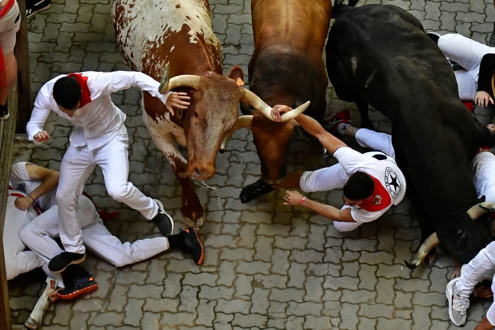 Runners fall during the running of the bulls at the San Fermin Festival in Pamplona (Alvaro Barrientos/AP)