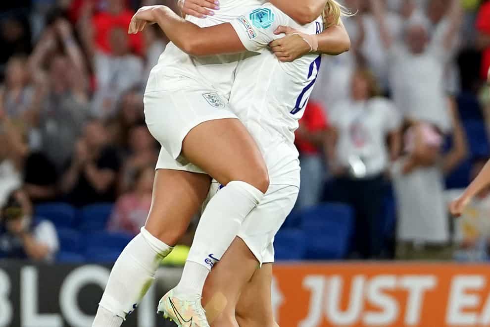 Beth Mead (left) celebrates with Alessia Russo during England’s thrashing of Norway (Gareth Fuller/PA).