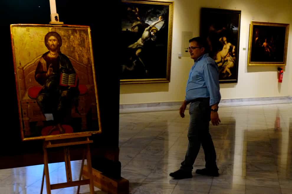 A 500-year-old Orthodox icon of the Enthroned Christ is seen at the Byzantine Museum in Nicosia, Cyprus, after it was returned (Petros Karadjias/AP)