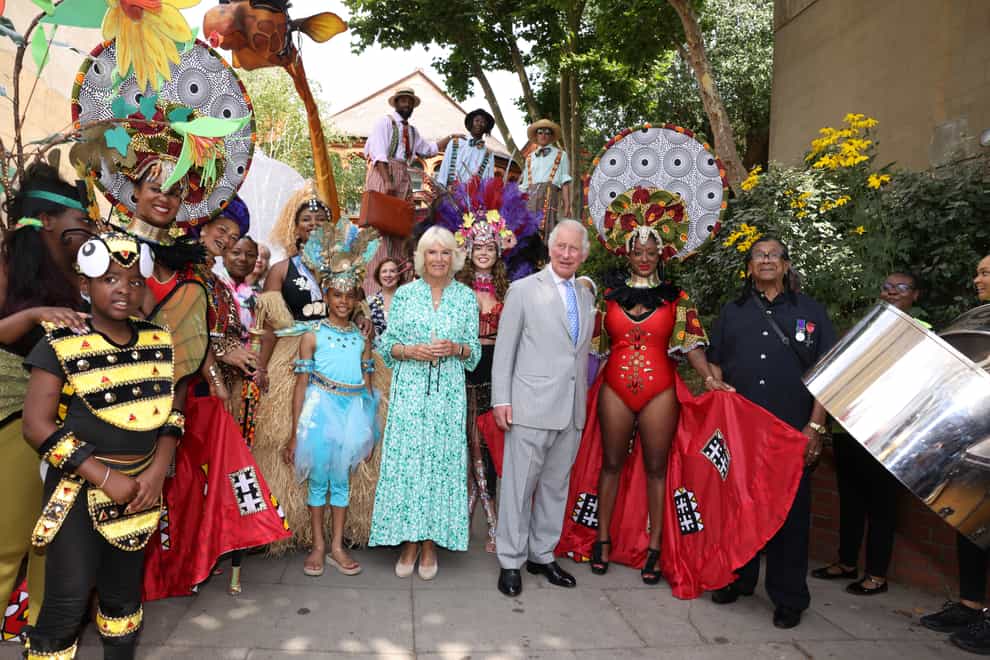 The Prince of Wales and Duchess of Cornwall at the Tabernacle, in west London, as they help celebrate the return of the Notting Hill Carnival (Ian Vogler/Daily Mirror/PA)
