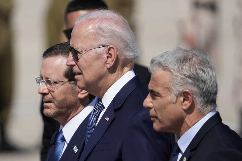 President Joe Biden, Israeli President Isaac Herzog, and Israeli Prime Minister Yair Lapid during a welcoming ceremony (Ariel Schalit/AP)