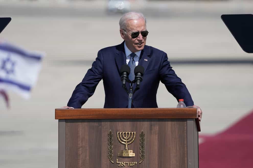 President Joe Biden speaks during a welcoming ceremony at Ben Gurion International Airport (Ariel Schalit/AP)
