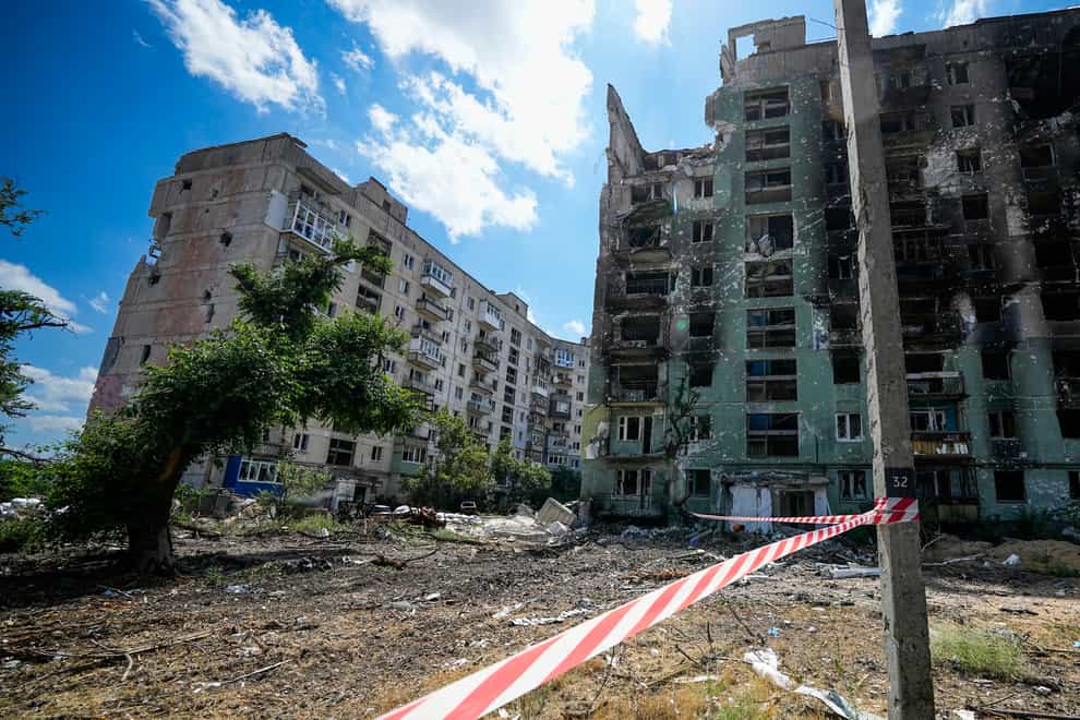 Apartment buildings damaged during fighting between Russian and Ukrainian forces stand in Severodonetsk, in the territory under the Government of the Luhansk People’s Republic control, in eastern Ukraine (AP)