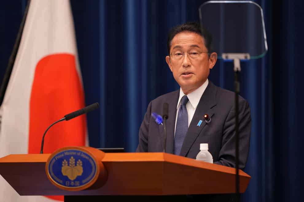Japan’s Prime Minister Fumio Kishida delivers a speech at his official residence in Tokyo (Zhang Xiaoyu/Pool Photo via AP)
