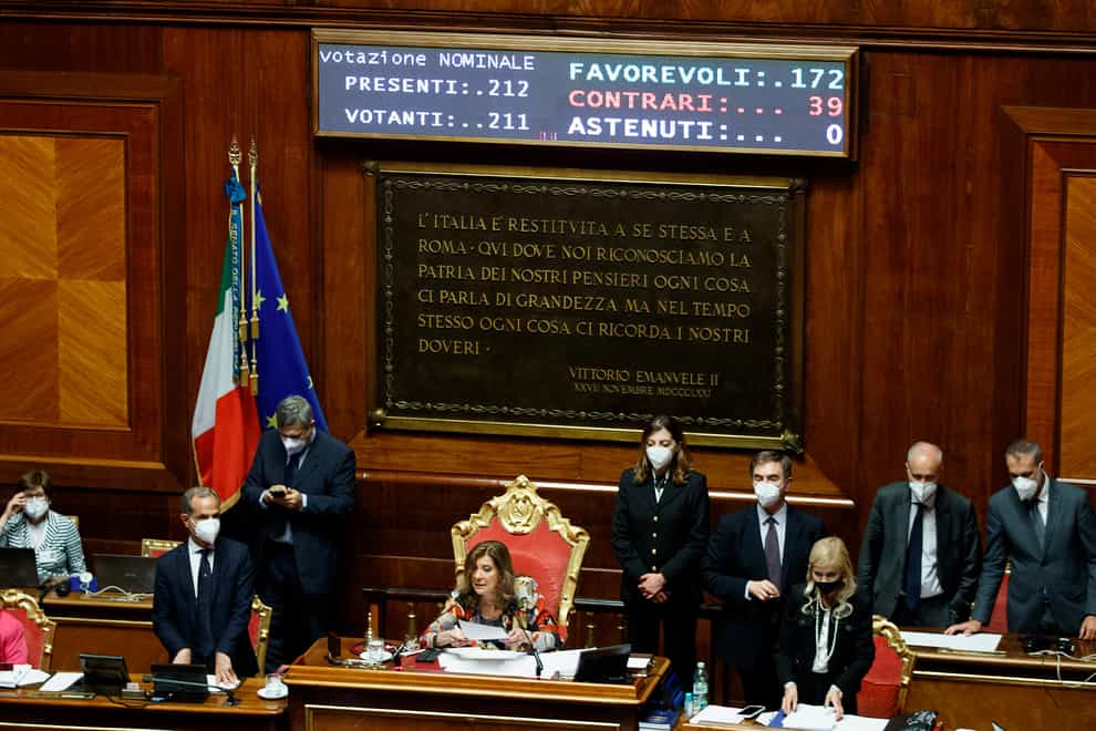 President of the Senate Maria Elisabetta Alberti Casellati reads out the vote result at the Senate in Rome (Roberto Monaldo/LaPresse via AP)
