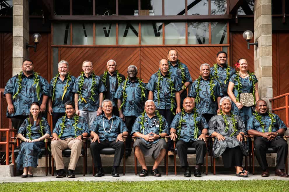 Leaders pose during the family photo at the Pacific Islands Forum leaders summit in Suva, Fiji (AAP Image via AP)