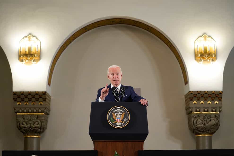 US President Joe Biden gives his remarks after his visit to Augusta Victoria Hospital in east Jerusalem (AP)