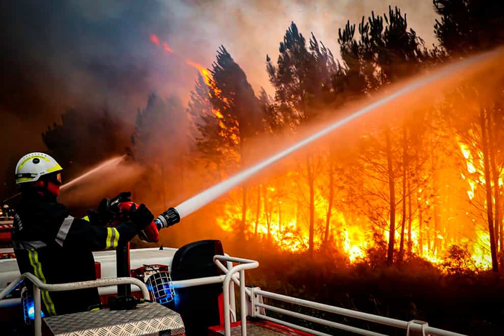 Firefighters use a hose to fight a wildfire near Landiras (SDIS 33 via AP)