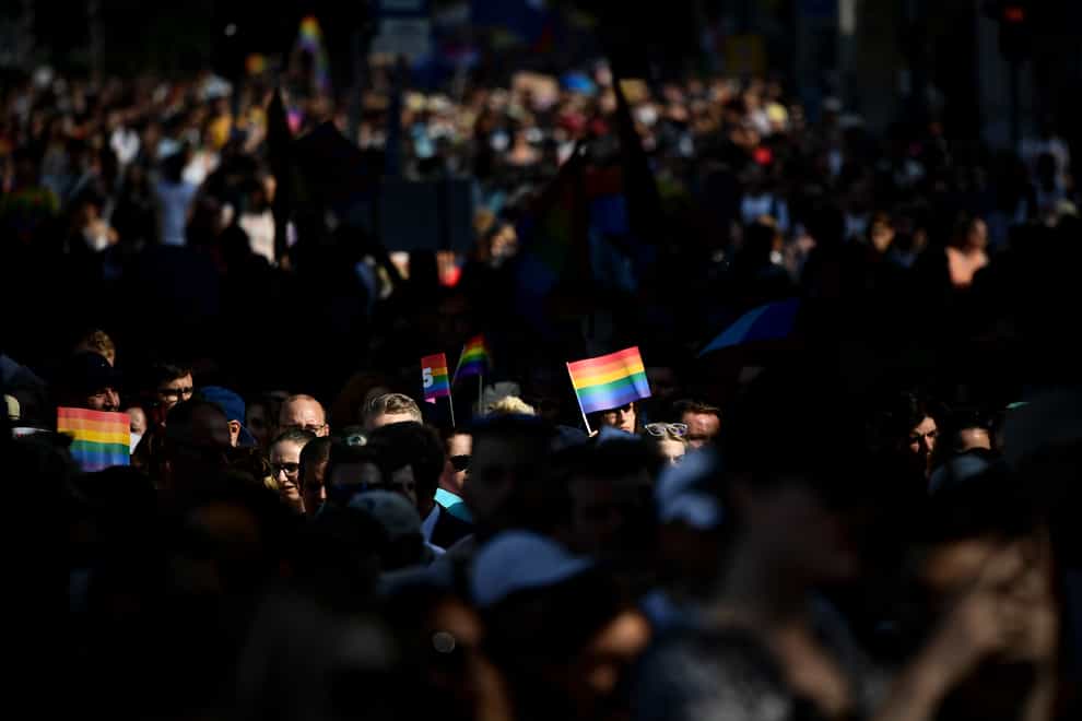 People march during a gay pride parade in Budapest (Anna Szilagyi/AP)