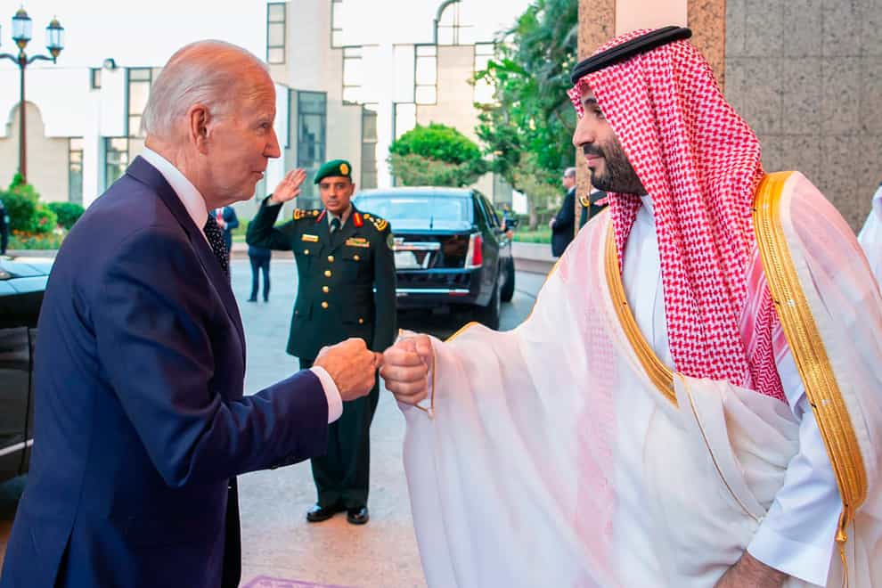 Saudi Crown Prince Mohammed bin Salman, right, greets President Joe Biden, with a fist bump (Saudi Press Agency via AP)