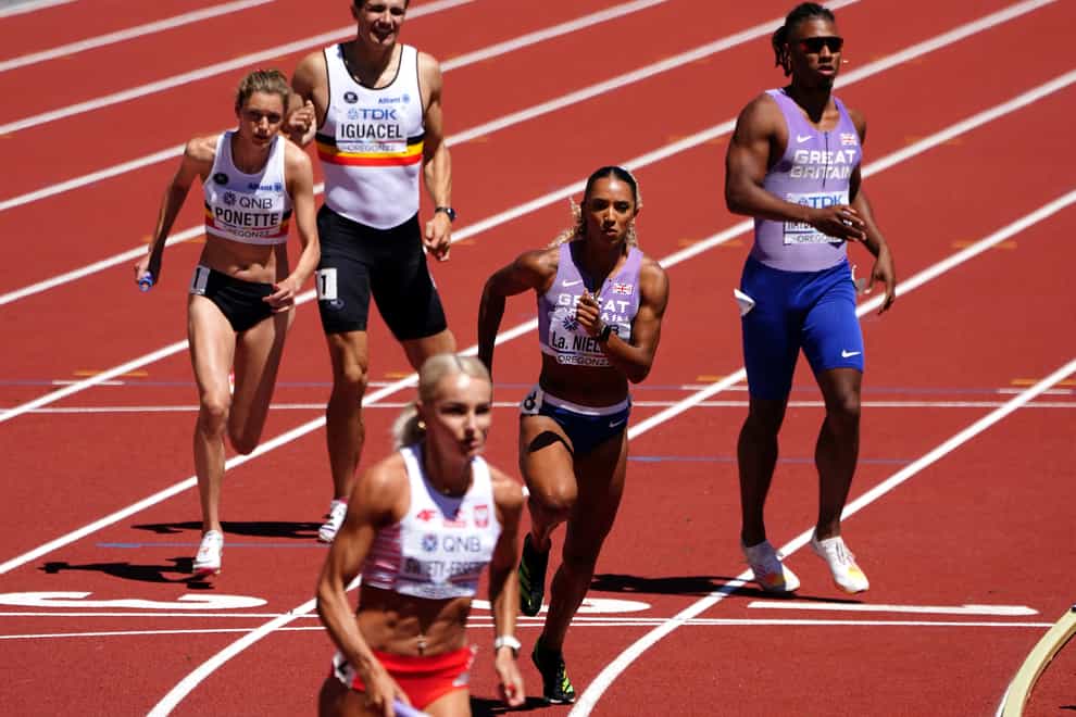 Great Britain (right) failed to qualify for the mixed 4×400 relay final (Martin Rickett/PA)