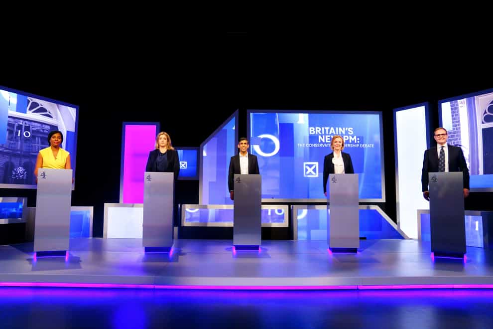Kemi Badenoch, Penny Mordaunt, Rishi Sunak, Liz Truss and Tom Tugendhat at Here East studios in Stratford, east London, before the live television debate for the candidates for leadership of the Conservative party, hosted by Channel 4 (Victoria Jones/PA)