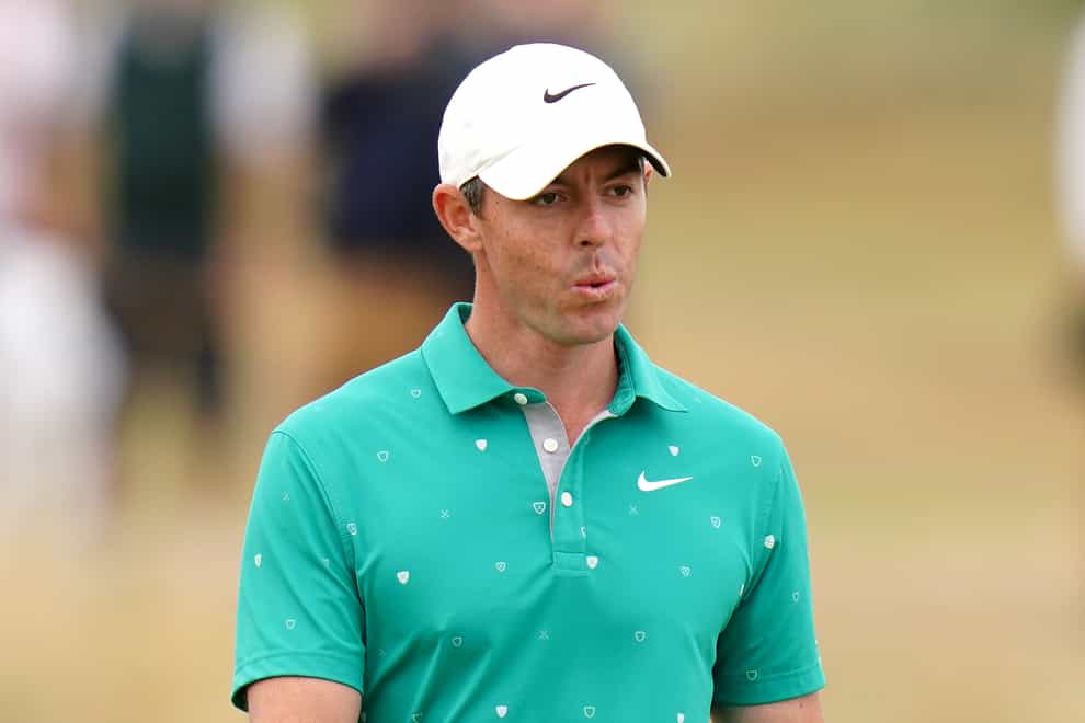 <p>Rory McIlroy shares the lead with Viktor Hovland after three rounds of the 150th Open Championship (Jane Barlow/PA)</p>
