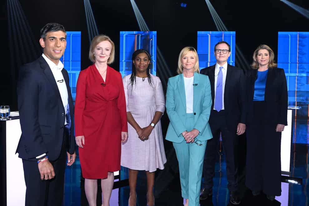 Rishi Sunak, Liz Truss, Kemi Badenoch,Tom Tugendhat and Penny Mordaunt with presenter Julie Etchingham taking part in Britain’s Next Prime Minister: The ITV Debate (Jonathan Hordle/ITV)