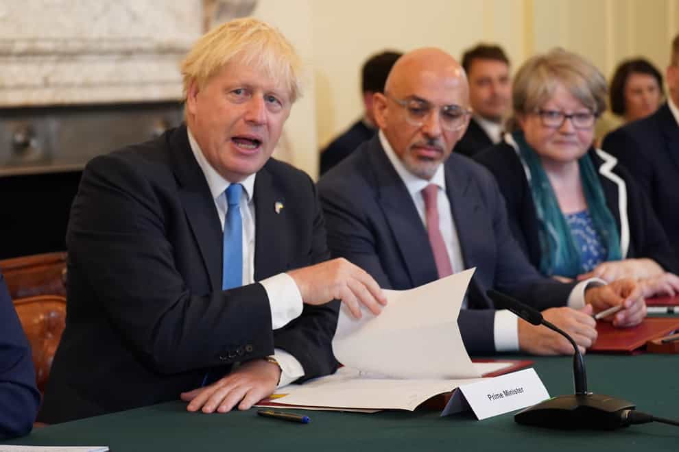 Prime Minister Boris Johnson, Chancellor of the Exchequer Nadhim Zahawi and Work and Pensions Secretary Therese Coffey during a Cabinet meeting at 10 Downing Street (Stefan Rousseau/PA)
