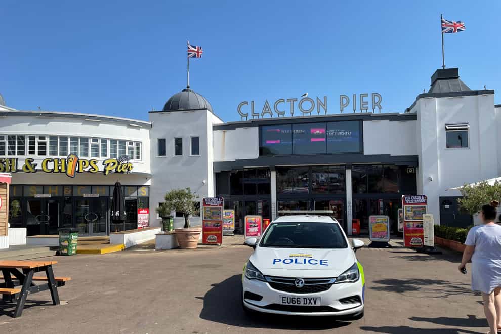 A police car at Clacton Pier in Clacton-on-Sea, Essex, as a swimmer is missing at sea (Sam Russell/PA)