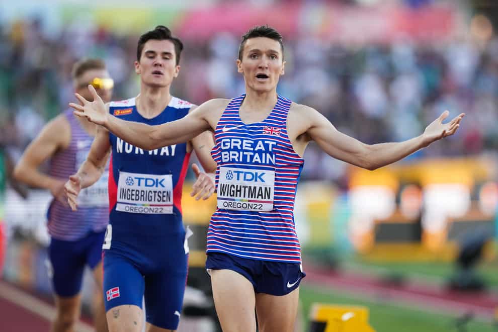 Great Britain’s Jake Wightman celebrates victory in the 1500m. (Martin Rickett/PA)