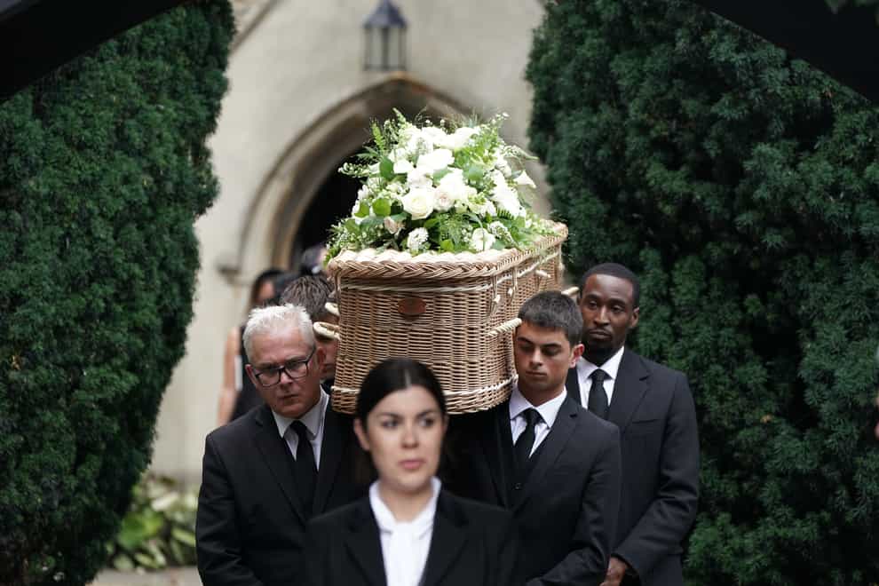 The coffin of Dame Deborah James is carried from her funeral service at St Mary’s Church in Barnes, west London (Aaron Chown/PA)