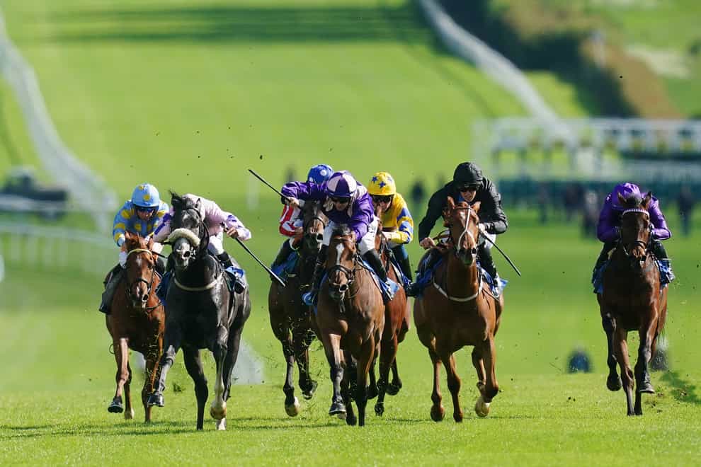 Tagline (second from right) in the Join Racing TV Now Restricted Novice Stakes at Leicester racecourse (David Davies/PA)
