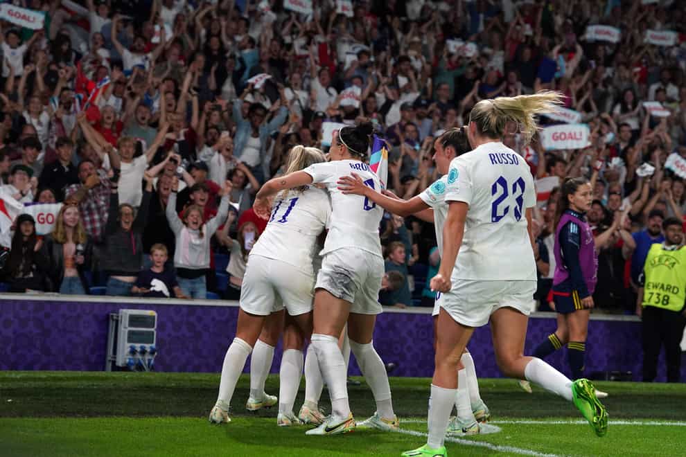 England celebrate Georgia Stanway’s stunning winner (Gareth Fuller/PA)