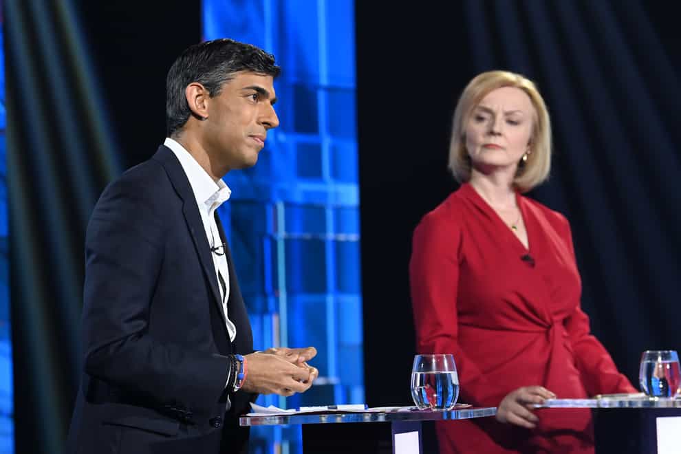Rishi Sunak and Liz Truss taking part in ITV’s Conservative leadership debate (Jonathan Hordle/ITV/PA)