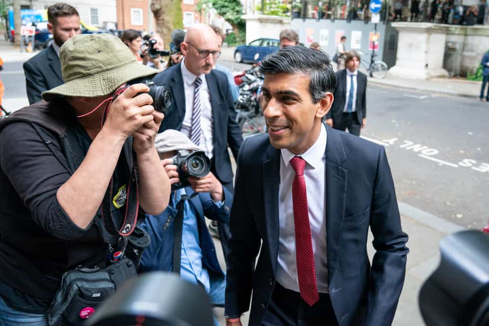 Tory leadership candidate Rishi Sunak arrives for a hustings event with the Conservative Councillors’ Association in Westminster, central London (Dominic Lipinski/PA)