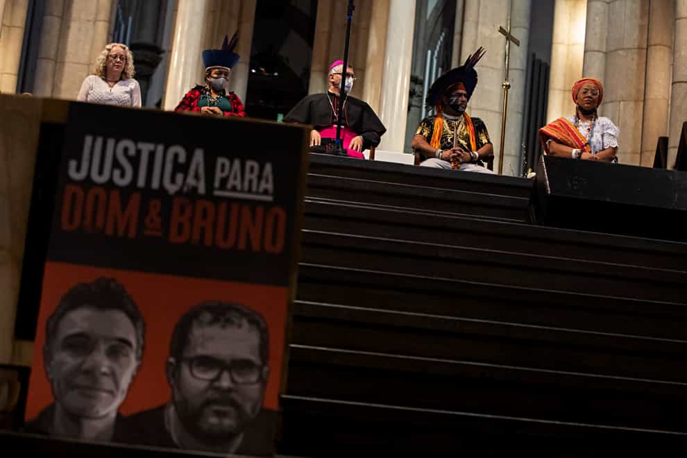 Spiritual leaders preside over a service promoted by inter-religious organizations in honor of British journalist Dom Phillips and the Indigenous expert Bruno Pereira killed in the Amazon region, at the Cathedral in Sao Paulo, Brazil, Saturday, July 16, 2022 (Marcelo Chello/AP/PA)