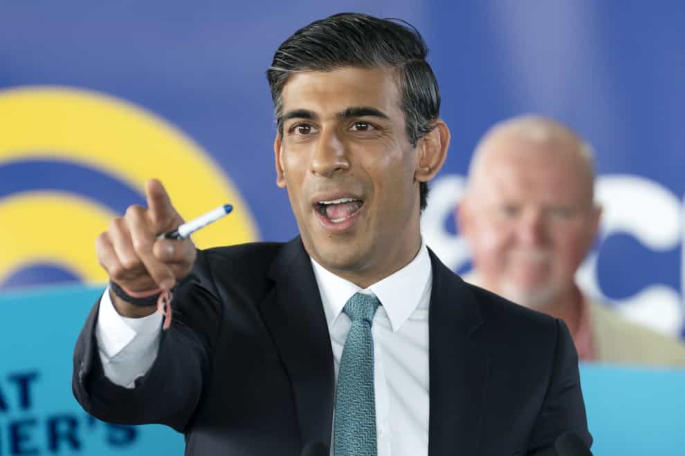 Rishi Sunak delivers a speech at Vaculug tyre specialists at Gonerby Hill Foot, Grantham (Danny Lawson/PA)