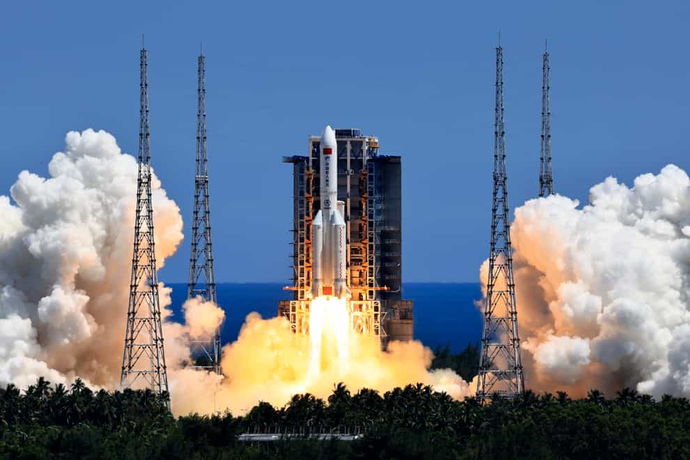 The Long March 5B Y3 carrier rocket, carrying the Wentian lab module blasts off from the Wenchang Space Launch Centre in Wenchang in southern China’s Hainan Province (Xinhua via AP)
