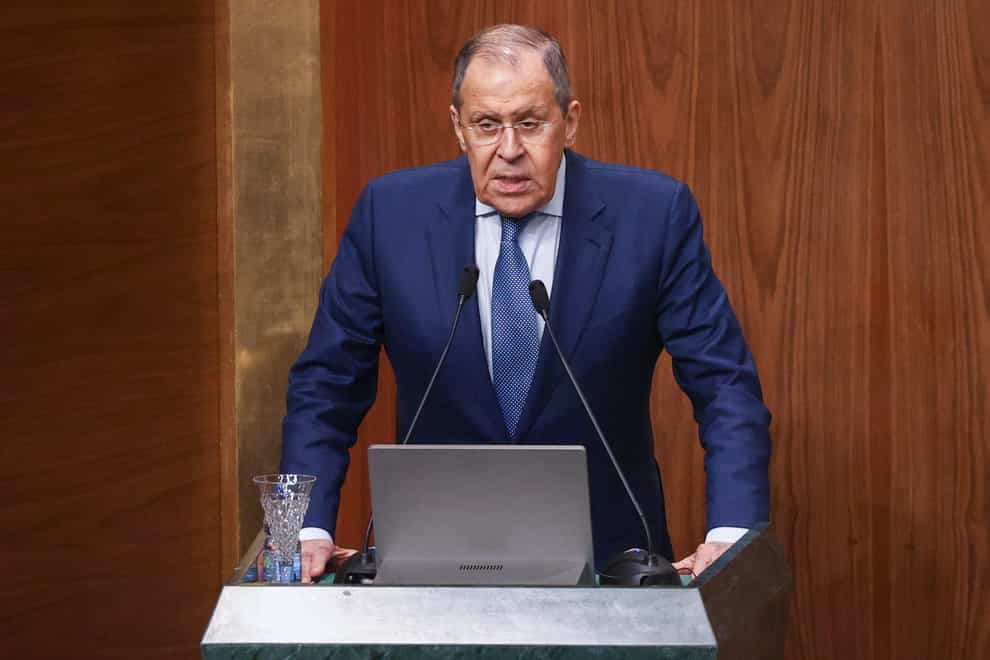 Russian Foreign Minister Sergey Lavrov addresses the Arab League organization in Cairo, Egypt, Sunday, July 24, 2022. (Russian Foreign Ministry Press Service via AP/PA)