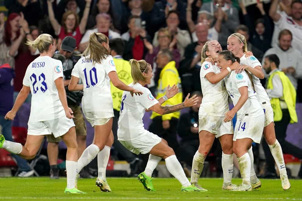 England’s Fran Kirby (second right) celebrates scoring her goal (Nick Potts/PA)