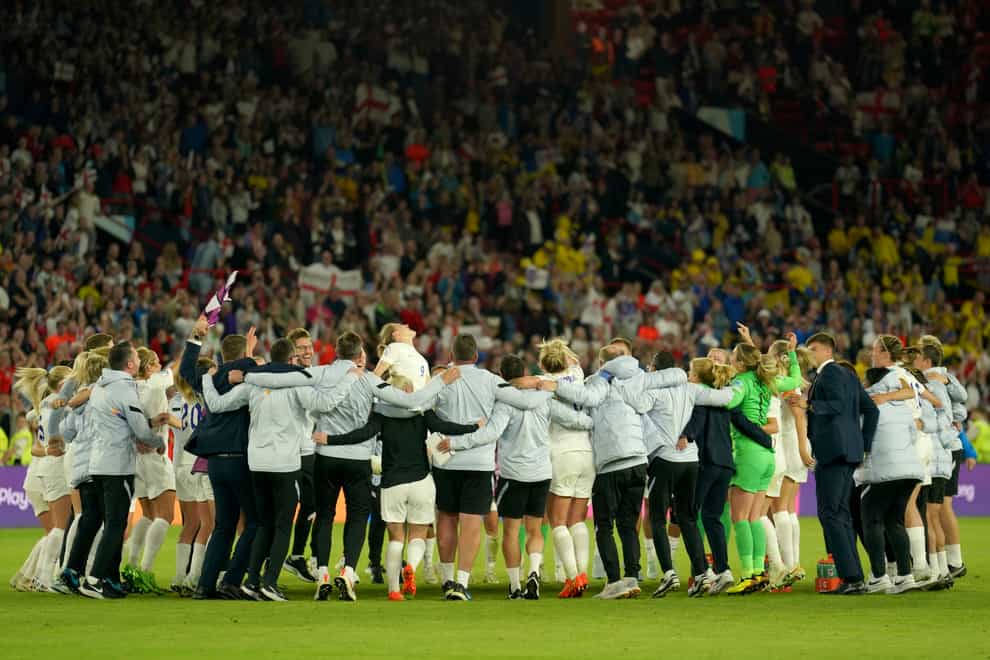 England celebrate reaching the Euro 2022 final (Jon Super/AP/PA)