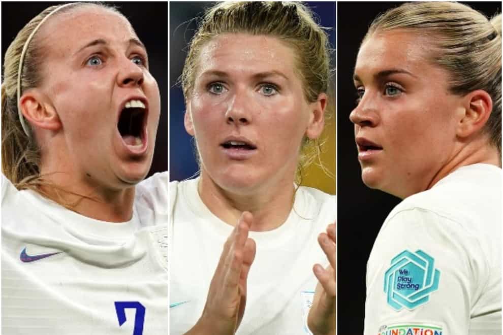 Beth Mead, Millie Bright and Alessia Russo, left to right, have been instrumental for England at Euro 2022 (PA)