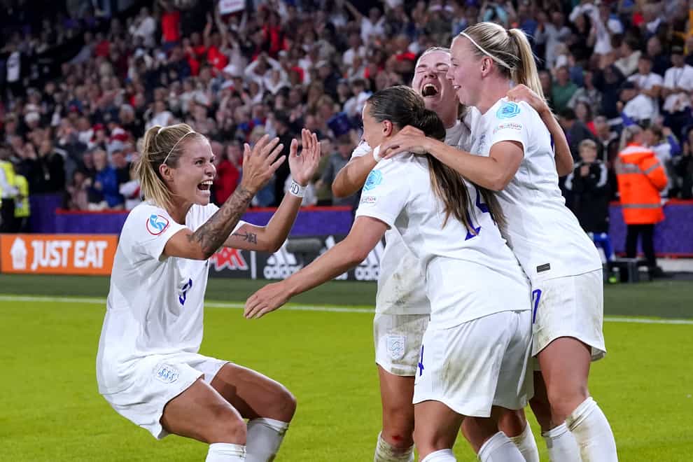 England players celebrate after team-mate Fran Kirby scores their side’s fourth goal of the game during the UEFA Women’s Euro 2022 semi-final match at Bramall Lane, Sheffield (Danny Lawson/PA)