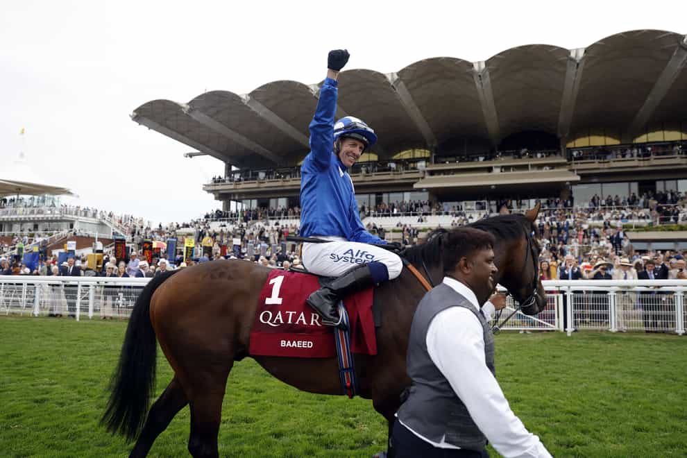 Jockey Jim Crowley celebrates following his winning ride on Baaeed in the Qatar Sussex Stakes on day two of the Qatar Goodwood Festival 2022 at Goodwood Racecourse, Chichester. Picture date: Wednesday July 27, 2022.