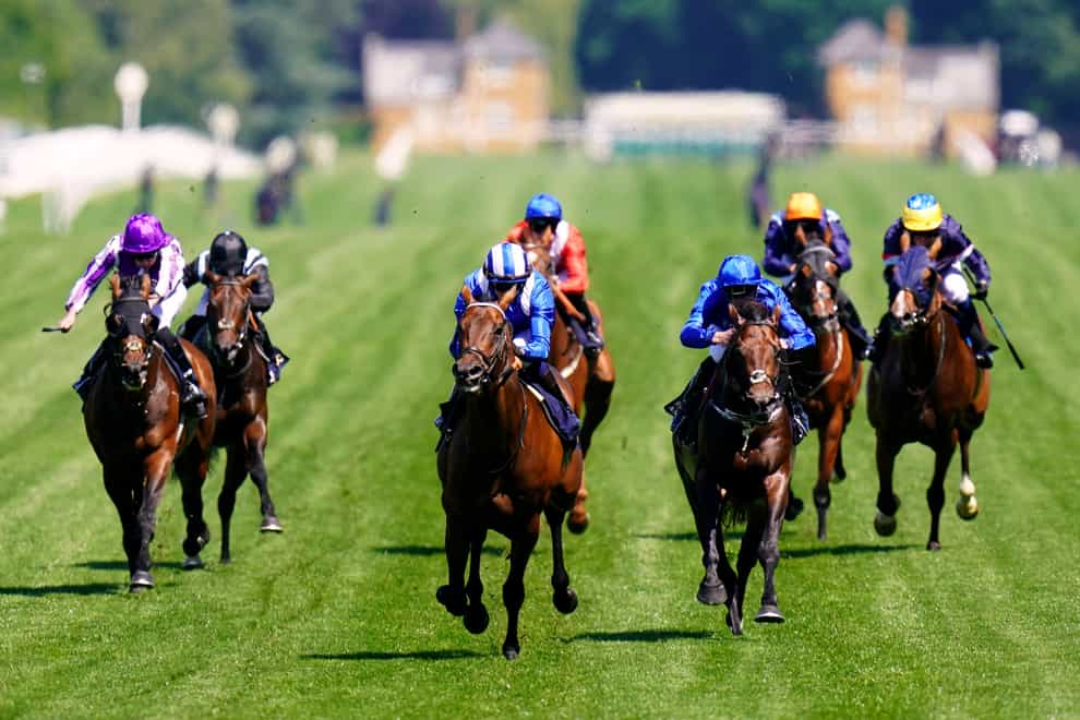 Modern Games (all blue) finished best of the rest behind Baaeed in the Sussex Stakes (Adam Davy/PA)