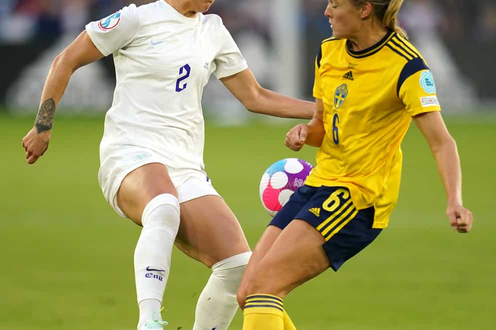 England’s Lucy Bronze, left, and Sweden’s Magdalena Eriksson battle for the ball (Nick Potts/PA)