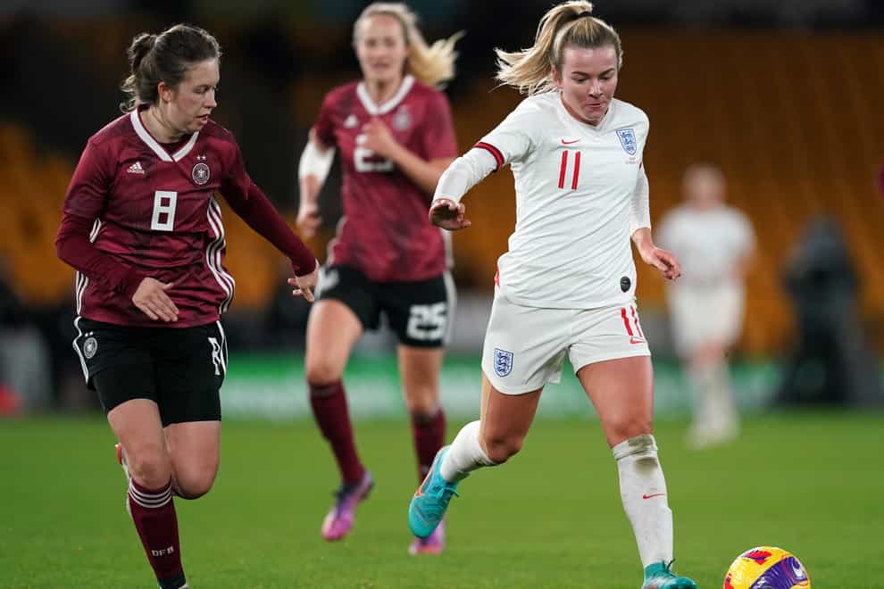 Germany’s Jana Feldkamp, left, and England’s Lauren Hemp battle for the ball (PA)