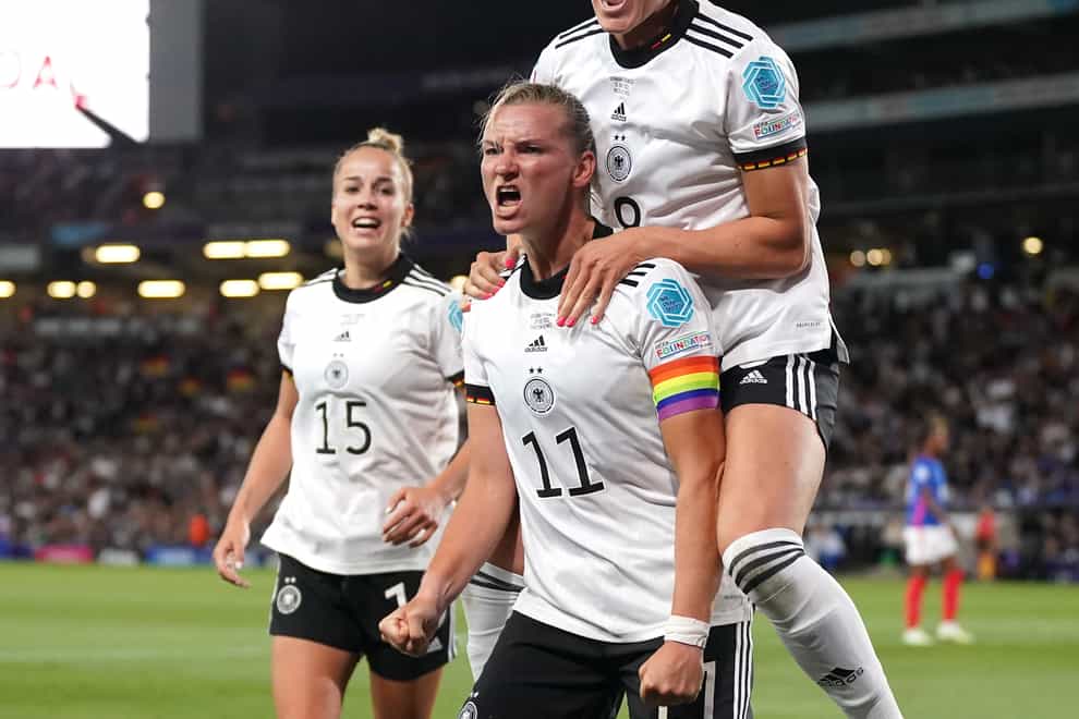 Alexandra Popp, front, celebrates scoring in the Euro 2022 semi-final (Nick Potts/PA)