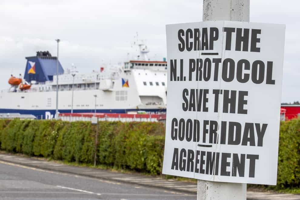 An anti-Northern Ireland Protocol sign close to Larne Port (PA)