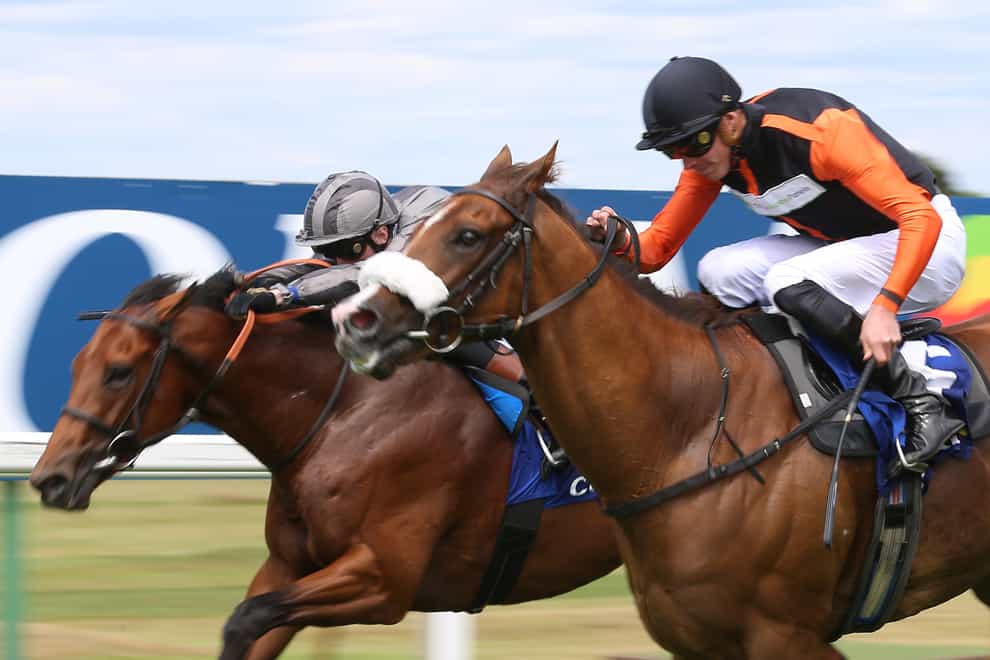 Raasel (right) winning the Coral Charge at Sandown (Nigel French/PA)
