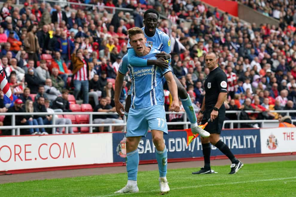 Viktor Gyokeres celebrates his late equaliser for Coventry in a 1-1 draw at Sunderland (Owen Humphreys/PA Images).